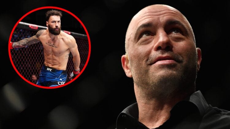 Joe Rogan looks on during UFC 209 in Las Vegas with an inset of Paul Craig preparing to face Andre Muniz in London, England