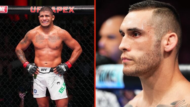 Gilbert Burns (left) recovering between rounds in the UFC and Rodolfo Bellato (right) staring down his opponent in the octagon