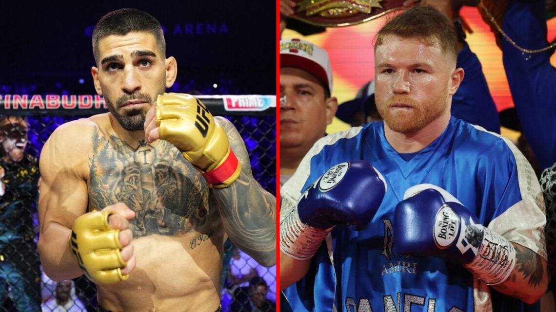 Left: Ilia Topuria inside the Octagon before fighting Max Holloway at UFC 308. Right: Canelo Alvarez makes his Ring Walk ahead of their super middl...