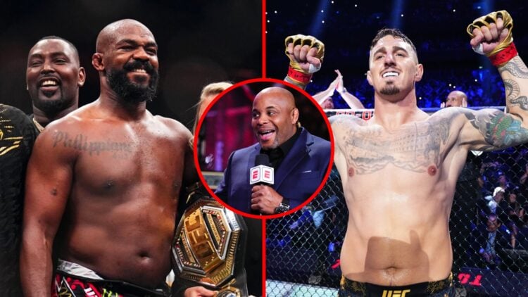 Left: Jon Jones celebrates his win over Stipe Miocic at UFC 309. Right: Tom Aspinall inside the Octagon before fighting Curtis Blaydes at UFC 304. ...