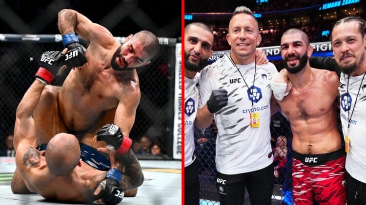 Left: Aiemann Zahabi throws elbows at Jose Aldo during their UFC 315 fight. Right: Aiemann Zahabi poses for a photo with Georges St-Pierre and the ...
