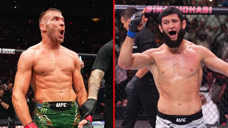 Left: Dricus du Plessis celebrates after his decision victory over Sean Strickland at UFC 312. Right: Khamzat Chimaev reacts after submitting Rober...