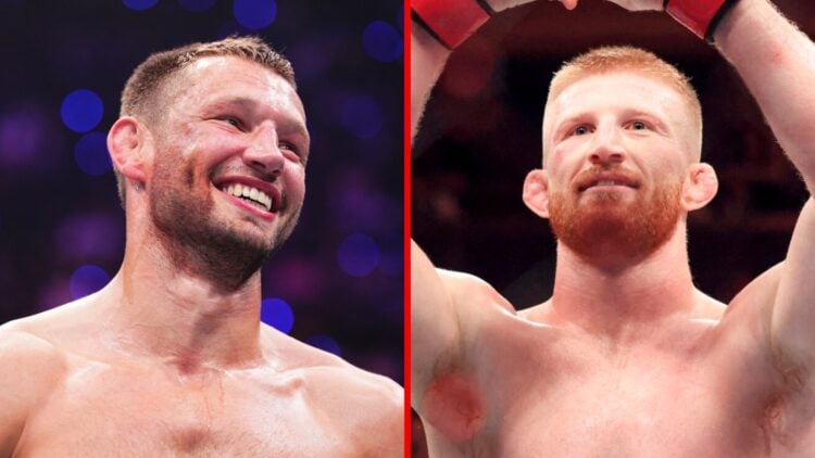 Split image of Reinier de Ridder reacting to his UFC 311 win over Kevin Holland with Bo Nickal celebrating after his UFC 309 win over Paul Craig