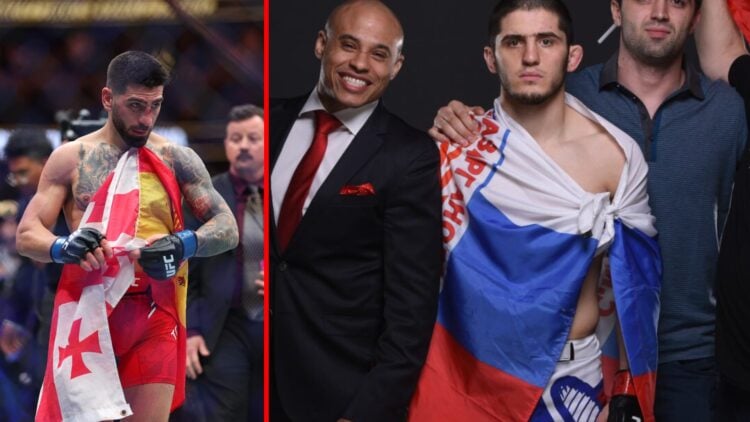 Left: Ilia Topuria celebrates after knocking out Alexander Volkanovski at UFC 298. Right: Islam Makhachev poses with his team after winning at UFC ...