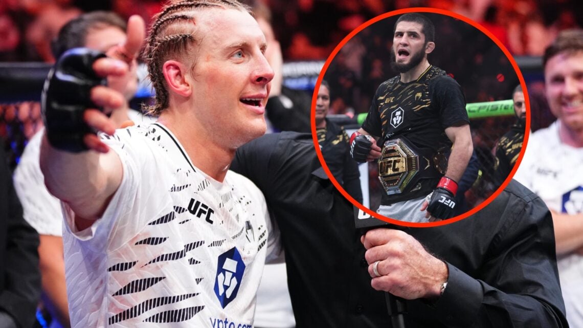 Paddy Pimblett speaks to Joe Rogan following UFC 314 win with an inset of Islam Makhachev celebrating his UFC 311 win