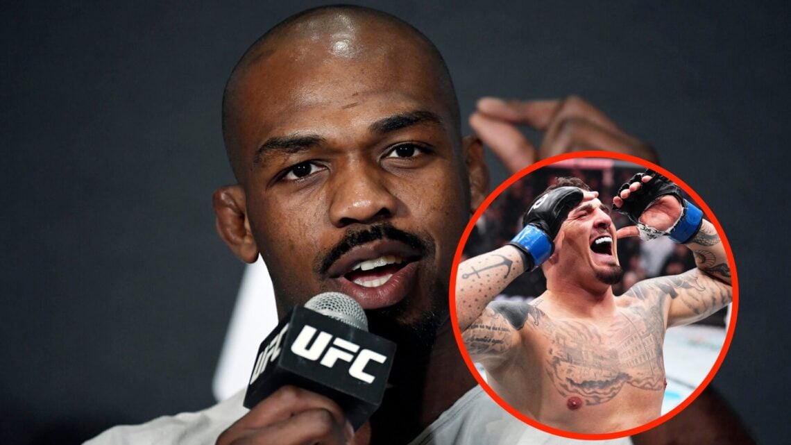 Jon Jones speaks on the microphone at the UFC 232 press conference with an inset of Tom Aspinall celebrating his UFC 295 win