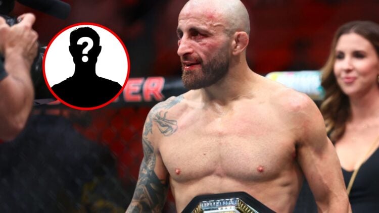 Main: Alexander Volkanovski after defeating Diego Lopes to become UFC featherweight champion at UFC 314. Inset: Mystery fighter.