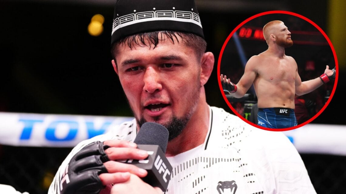 Nursulton Ruziboev speaks after his UFC Vegas 106 with a inset of Bo Nickal reacting to his win over Val Woodburn