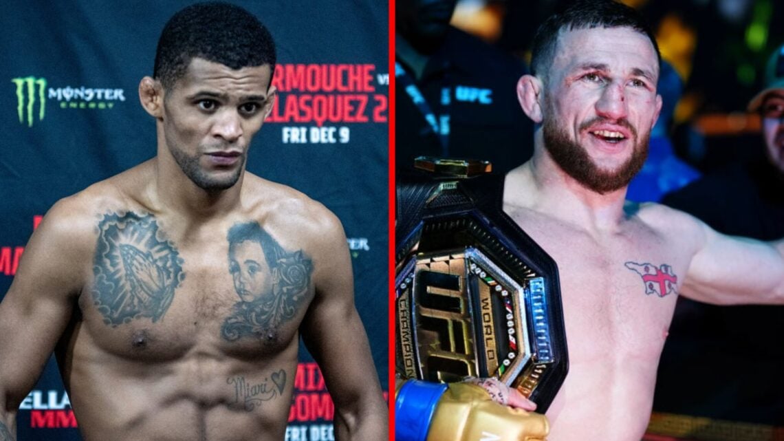 Split of Patchy Mix making weight ahead of Bellator 289 and Merab Dvalishvili celebrating his win at UFC 306