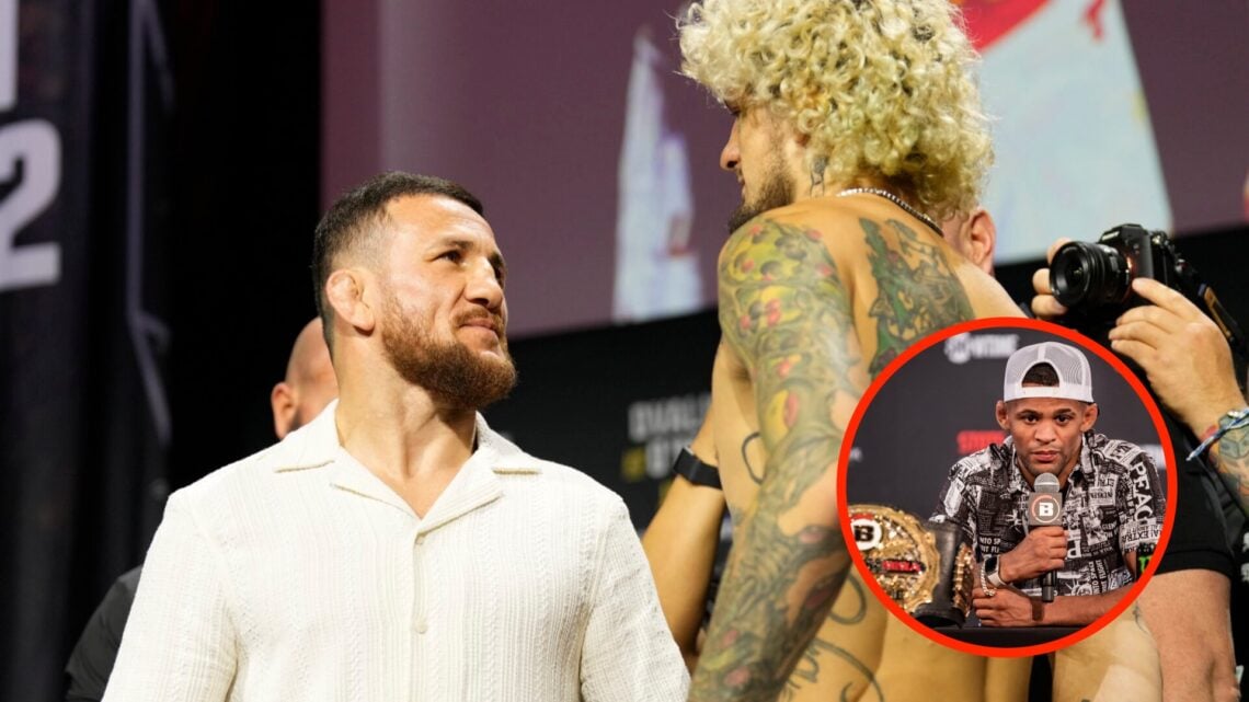 Merab Dvalishvili and Sean O'Malley face off at UFC 316 press conference with an inset of Patchy Mix at Bellator 295