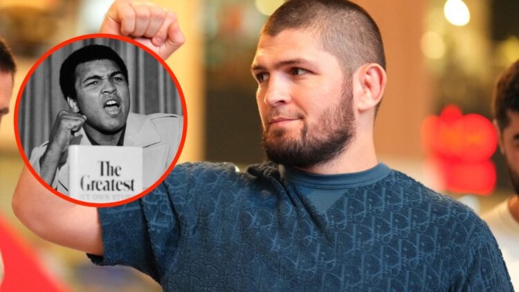 Khabib Nurmagomedov attends the UFC 280 open workouts with an inset of Muhammad Ali presenting his book