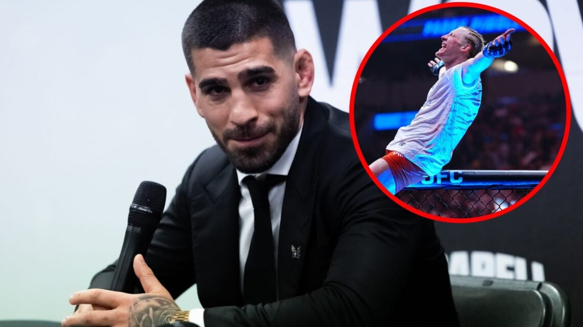 Image of Ilia Topuria speaking at the WOW 17 press conference with an inset of Paddy Pimblett celebrating his UFC 314 win