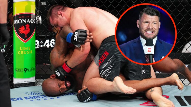 Thomas Peterson lands punches on Don'Tale Mayes during UFC Des Moines fight with an inset of Michael Bisping commentating at UFC 284