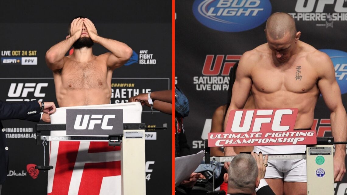 Khabib Nurmagomedov weighs in ahead of UFC 254 fight split with Georges St-Pierre weighing in ahead of UFC 129 fight