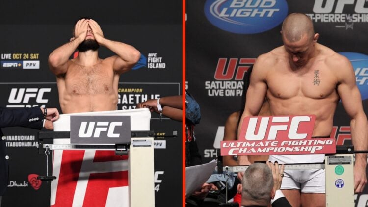 Khabib Nurmagomedov weighs in ahead of UFC 254 fight split with Georges St-Pierre weighing in ahead of UFC 129 fight