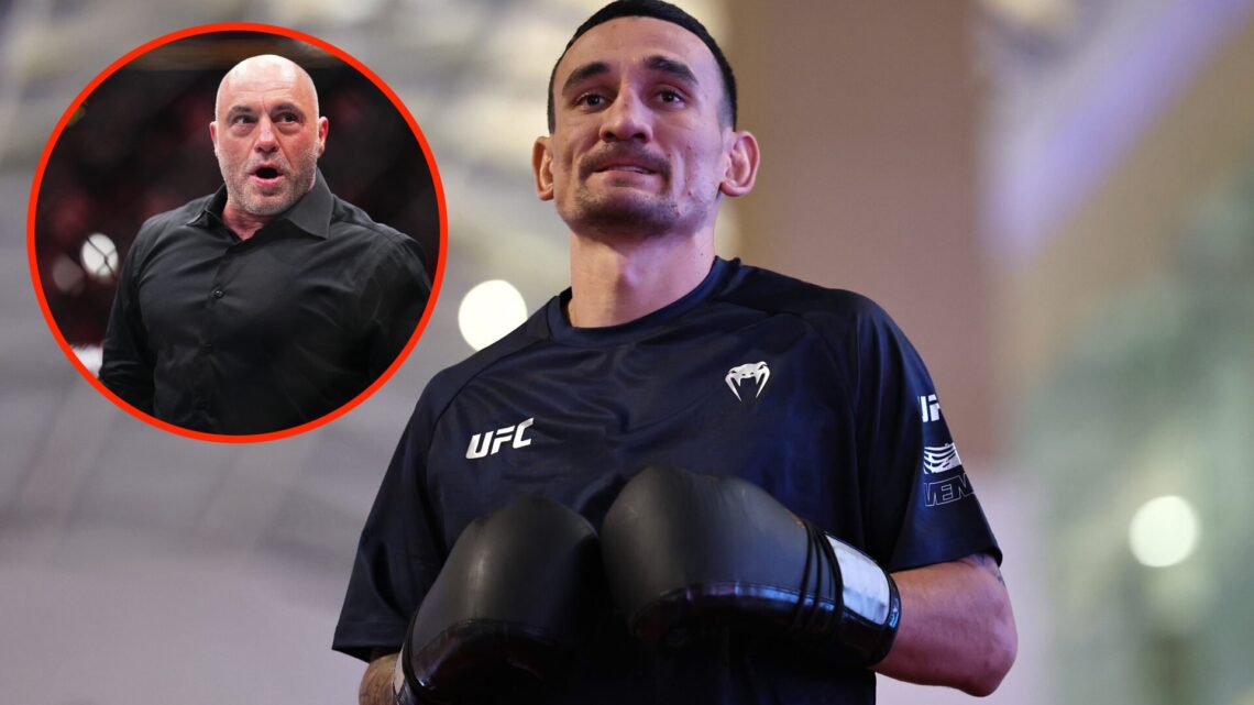 Max Holloway at the UFC 308 open workouts with an inset of Joe Rogan reacting to Holloway's UFC 300 win