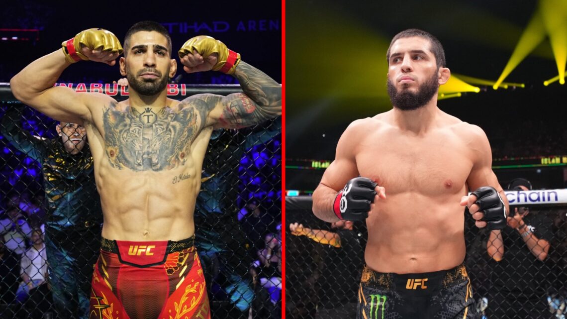 Split image of Ilia Topuria and Islam Makhachev in UFC Octagon