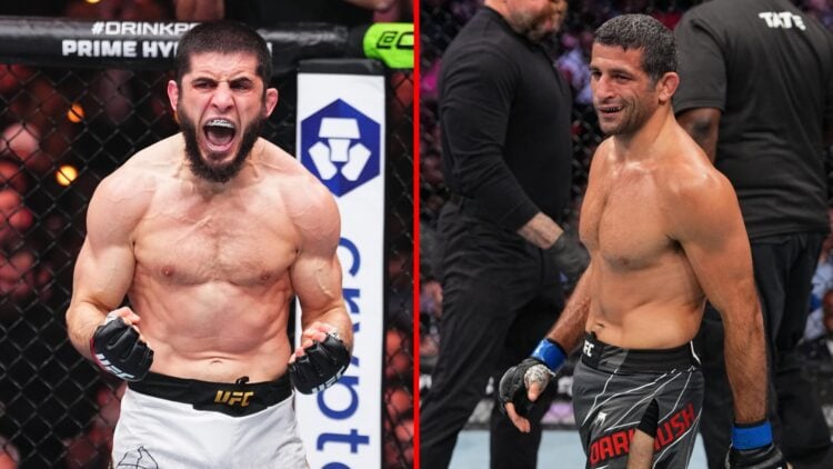Split image of Islam Makhachev screaming at UFC 311 and Beneil Dariush smiling