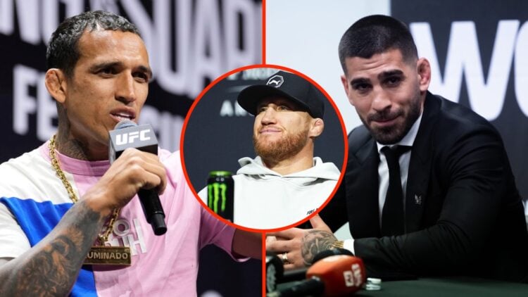 Charles Oliveira at the UFC 312 ceremonial weigh-ins split with Ilia Topuria speaking to the media at WOW 17 in Spain with an inset of Justin Gaeth...