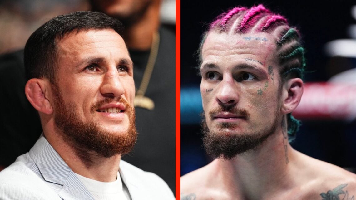 A split image of Merab Dvalishvili at a UFC weigh in and Sean O'Malley in the ring after fighting in the UFC