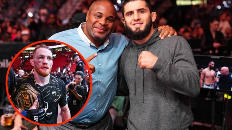 Islam Makhachev and Daniel Cormier pose for a photo together at UFC event with an inset of Jack Della Maddalena following his UFC 315 title win