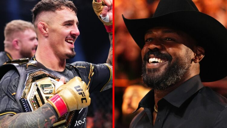 Split image of Tom Aspinall celebrating his UFC 304 win and Jon Jones in the crowd at UFC 300