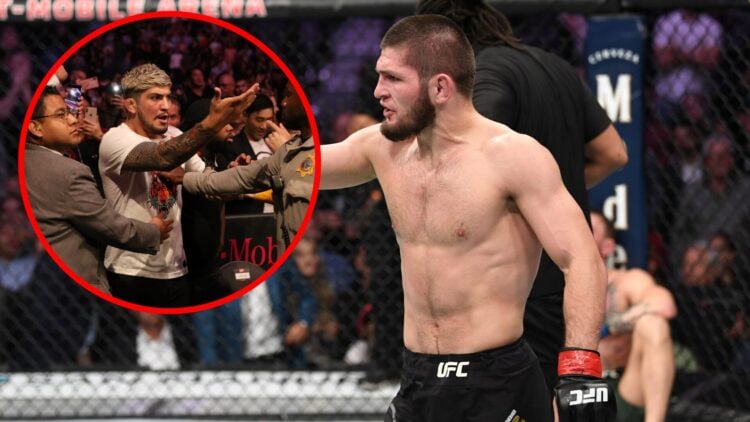 Khabib Nurmagomedov reacts to submitting Conor McGregor at UFC 229, with an inset of Dillon Danis being restained by police