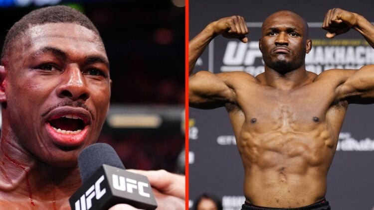 Kamru Usman flexing during the UFC 294 weigh in and Joaquin Buckley speaking after his win at UFC 3107
