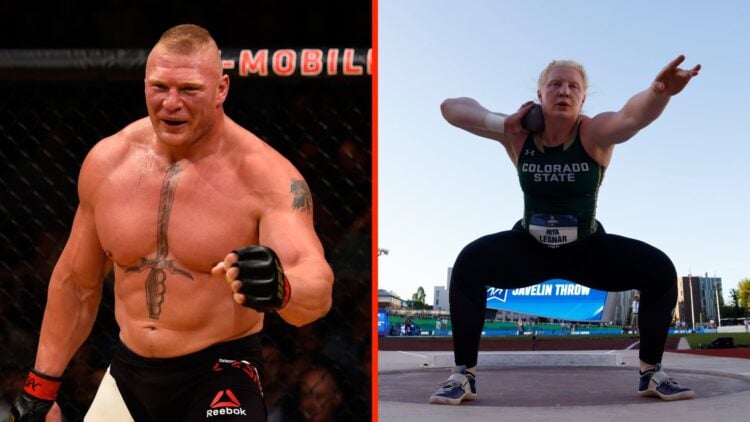 Brock Lesnar during his UFC 200 fight against Mark Hunt split with Mya Lesnar competing in the shot put championships