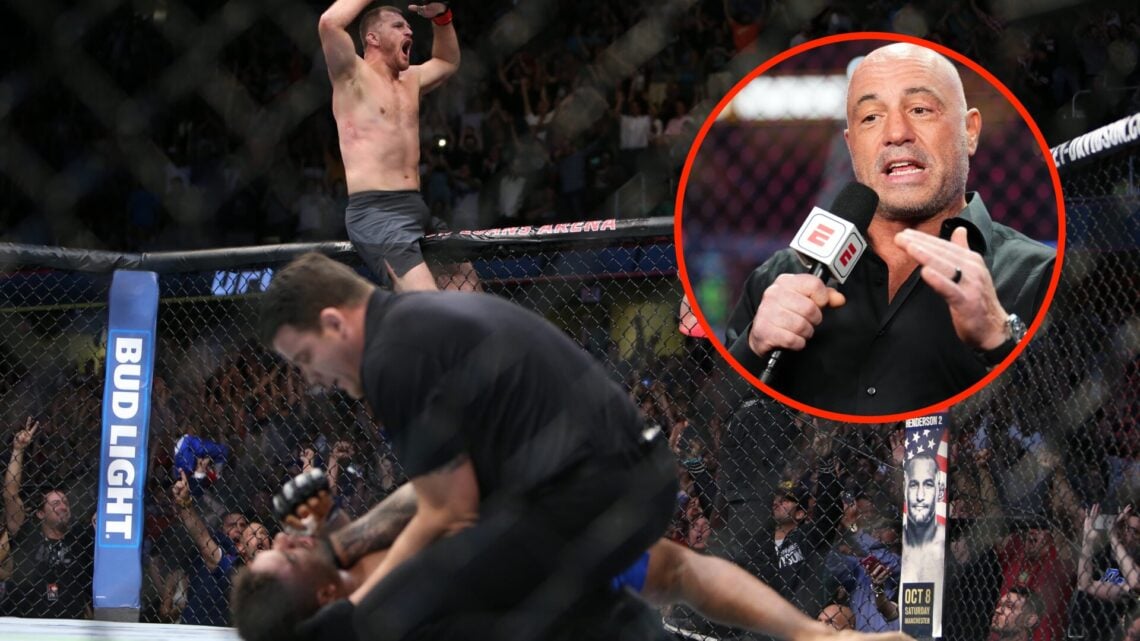 Stipe Miocic celebrates his UFC 203 win over Alistair Overeem with an inset of Joe Rogan commentating