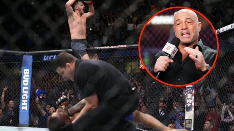 Stipe Miocic celebrates his UFC 203 win over Alistair Overeem with an inset of Joe Rogan commentating