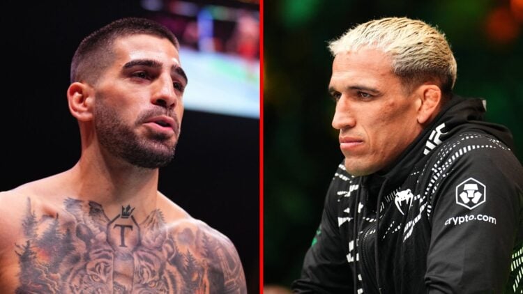 Left: Ilia Topuria inside the Octagon before fighting Max Holloway at UFC 308. Right: Charles Oliveira in the corner of Ian Machado Garry at UFC 310.