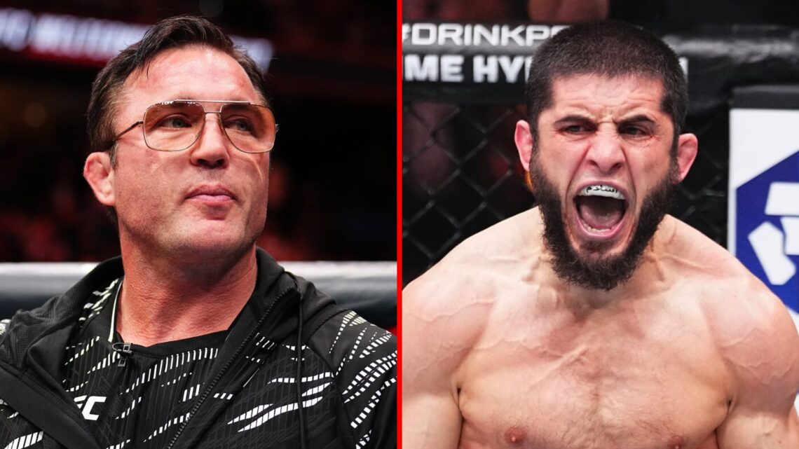 Left: Chael Sonnen inside the Octagon as part of Colby Covington's team at UFC Tampa. Right: Islam Makhachev celebrates after submitting Renato Moi...