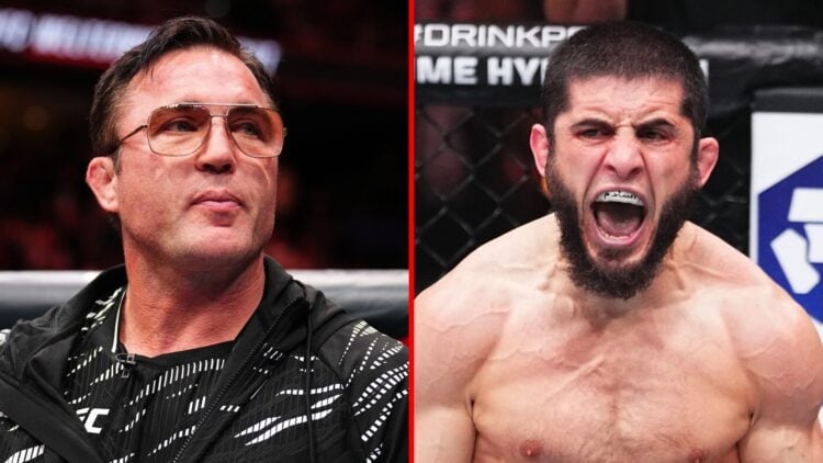 Left: Chael Sonnen inside the Octagon as part of Colby Covington's team at UFC Tampa. Right: Islam Makhachev celebrates after submitting Renato Moi...
