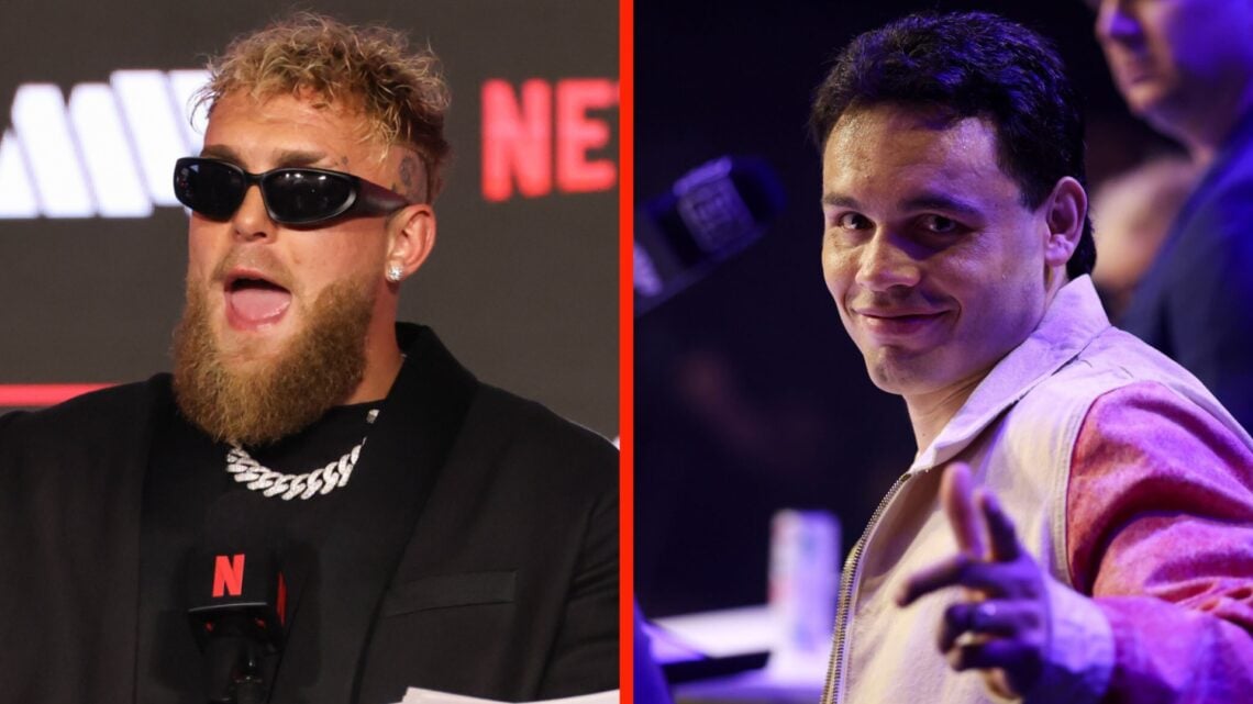 Jake Paul at the press conference for his fight against Mike Tyson (left) and Julio César Chávez Jr. at the pre-fight press conference for his figh...