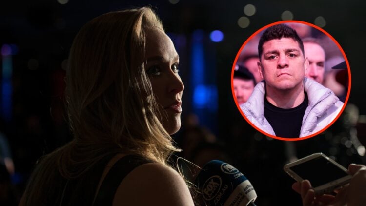 Ronda Rousey at the ultimate media day at UFC 193 with an inset of Nick Diaz in attendance at UFC 285