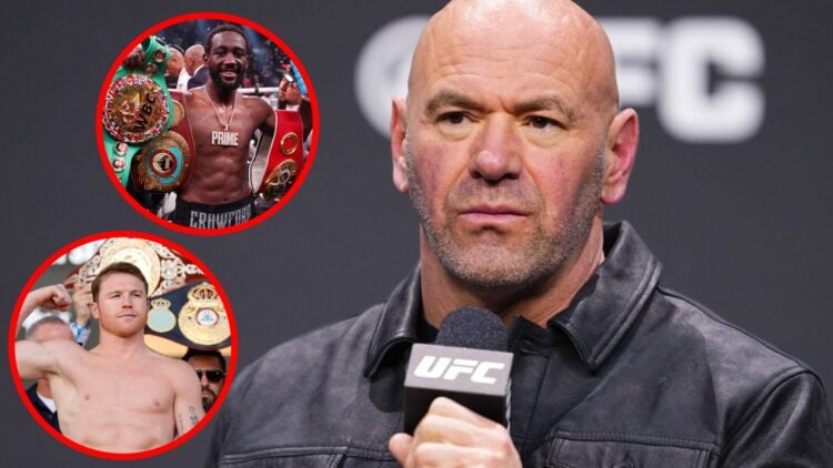 Dana White on stage at the UFC 2024 seasonal press conference with insets of Terence Crawford celebrating after beating Errol Spence Jr. and Canelo...