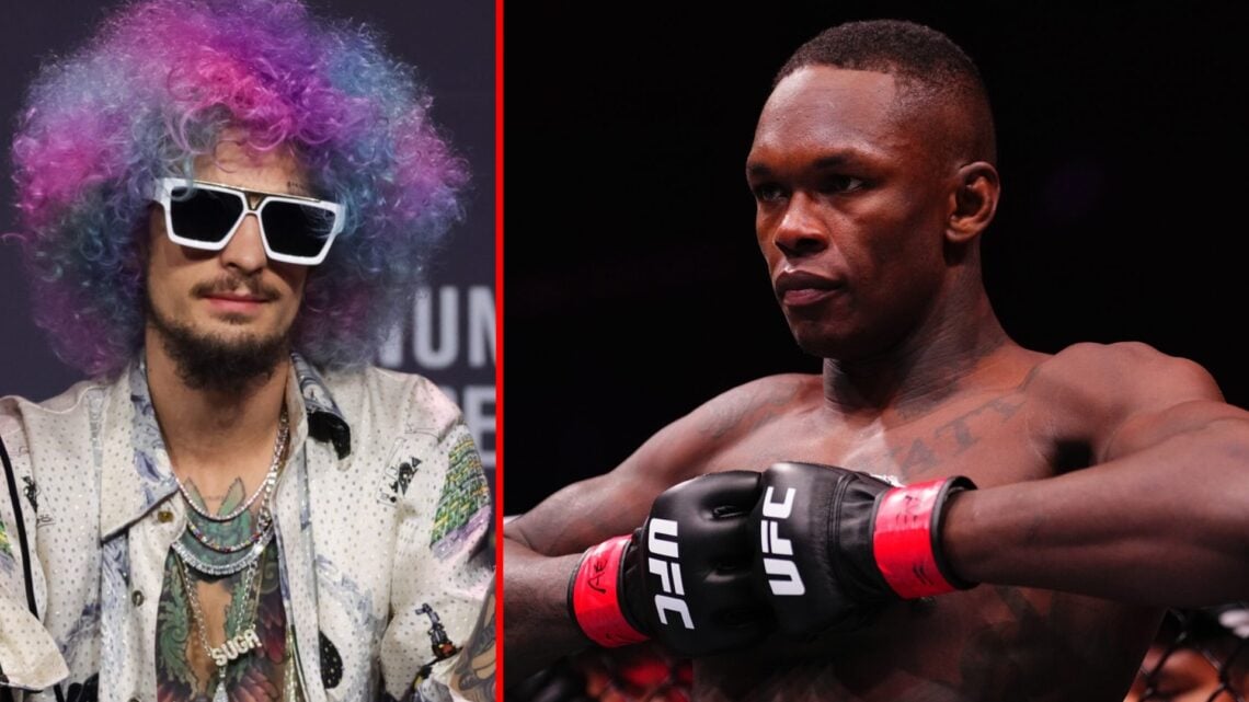 Left: Sean O'Malley at the UFC 269 press conference ahead of his fight against Raulian Paiva. Right: Israel Adesanya inside the Octagon ahead of hi...
