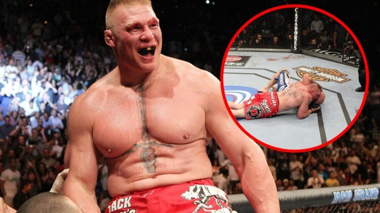 Brock Lesnar celebrates his win over Shane Carwin, with an inset of him applying the choke to finish their fight