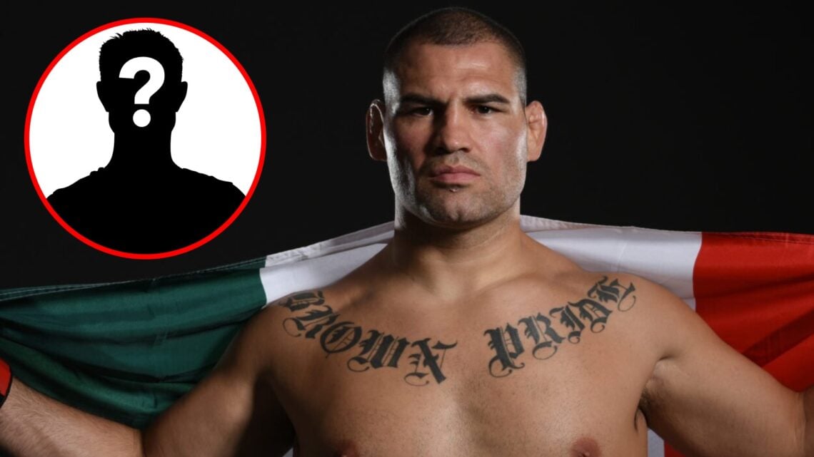 Cain Velasquez poses with the Mexican flag ahead of UFC 200 with an inset of a mystery icon