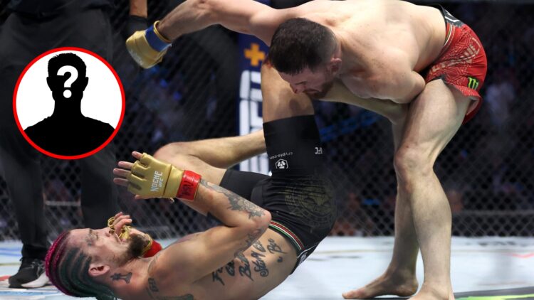 Main: Merab Dvalishvili punches Sean O'Malley during their title fight at UFC 306 inside the Sphere. Inset: Mystery fighter