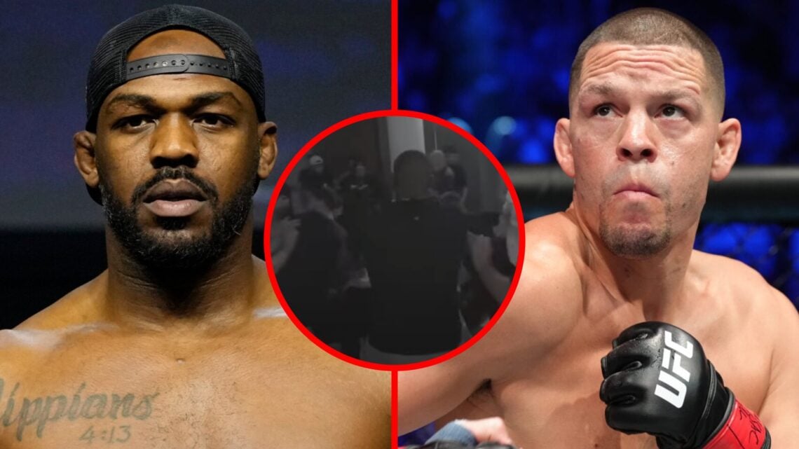 Jon Jones poses on the scale ahead of UFC 285 with Nate Diaz preparing to fight Tony Ferguson at UFC 279 with an inset of a brawl breaking out on A...