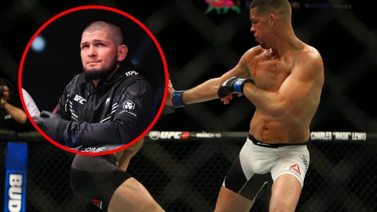 Nate Diaz slaps Conor McGregor at UFC 189 with an inset of Khabib Nurmagomedov on corner duty at UFC Abu Dhabi