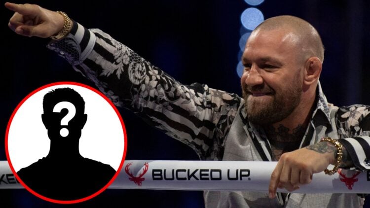 Conor McGregor points at a BKFC event in Marbella, Spain with an inset of a mystery icon