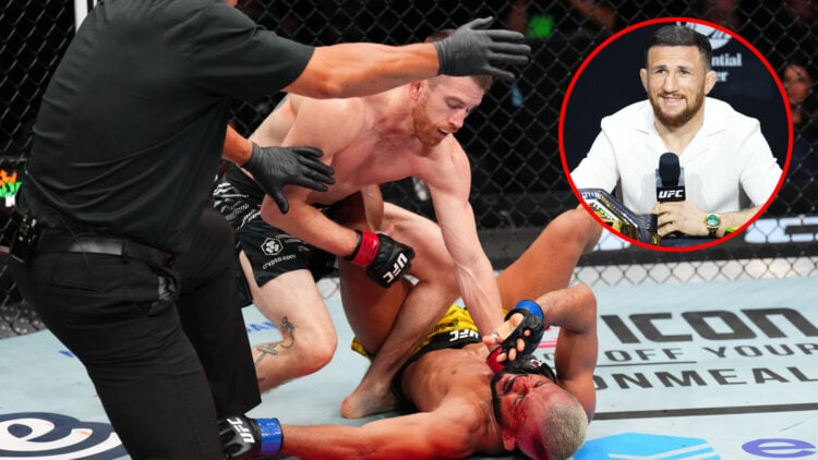 Cory Sandhagen knocks out Deiveson Figueiredo at UFC Des Moines, inset Merab Dvalishvili at a UFC 316 press conference