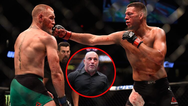 Main: Nate Diaz throws a punch at Conor McGregor during their rematch at UFC 202. Inset: Joe Rogan serving as a color commentator at UFC 300.