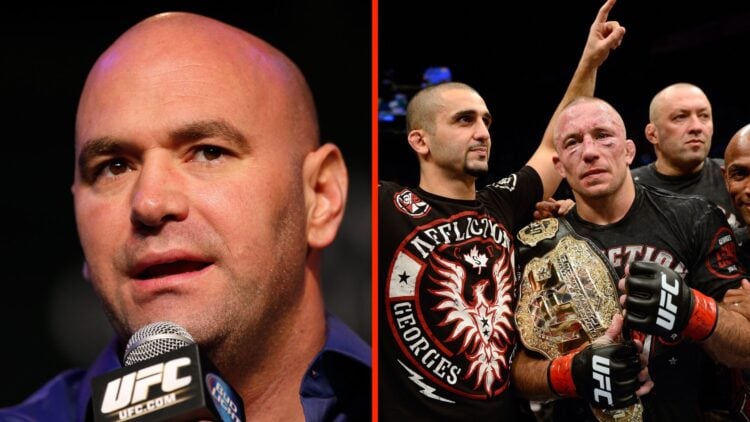 Dana White talks at the UFC 167 press conference split with Georges St-Pierre celebrating his win at UFC 167
