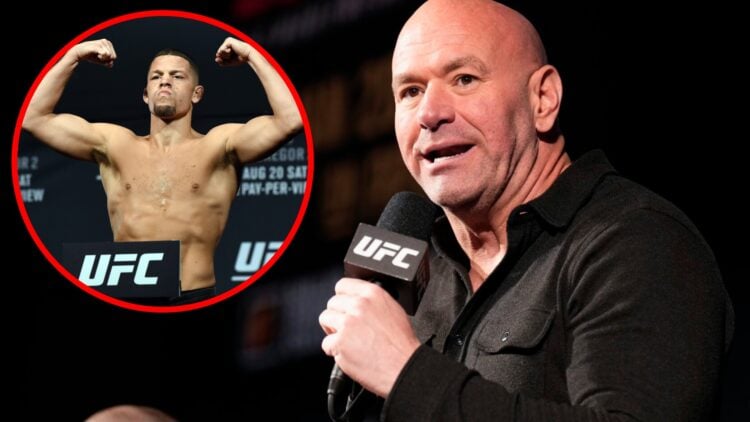 Dana White speaks at the UFC 297 press conference with an inset of Nate Diaz posing on the scales at the UFC 202 weigh-ins