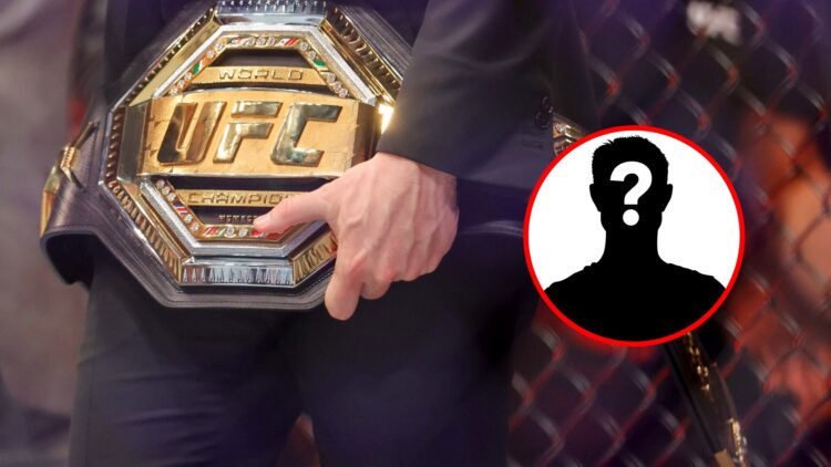 Main: UFC CEO Dana White holds a UFC title inside the cage during UFC 310. Inset: Mystery fighter.