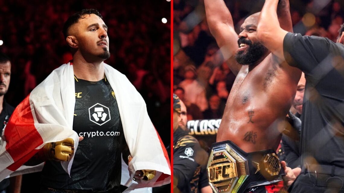Left: Tom Aspinall walks to the Octagon for his UFC 304 title fight against Curtis Blaydes. Right: Jon Jones celebrates after successfully defendin...
